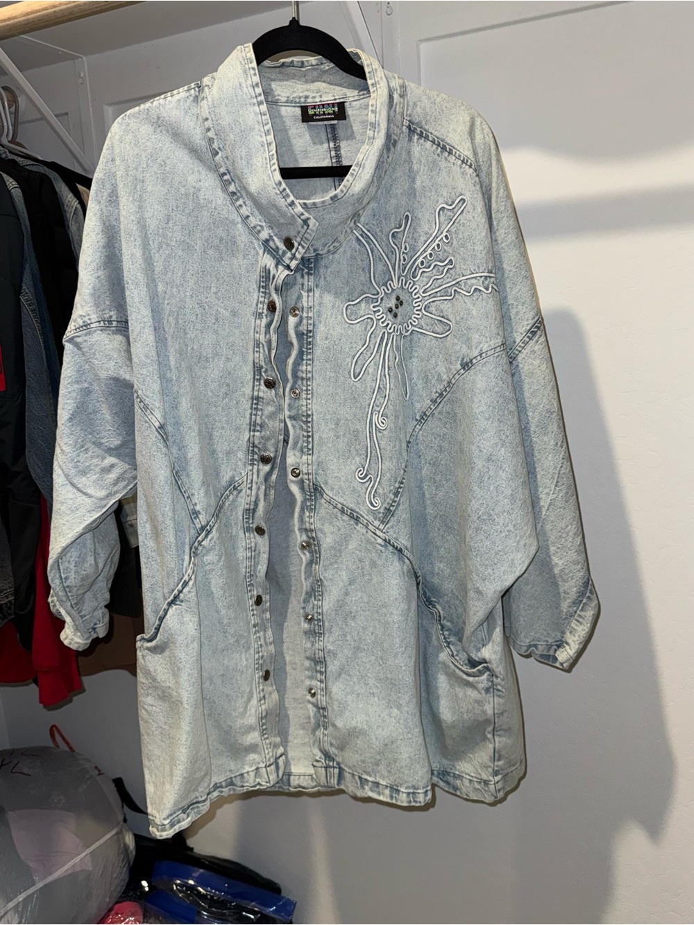 Oversized Washed Gray Embroidered Denim Jacket - Picture 2 of 7